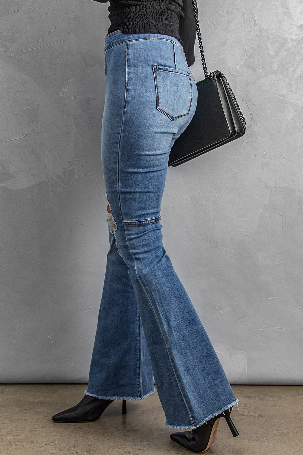 Distressed Raw Hem High-Waist Flare Jeans - DromedarShop.com Online Boutique