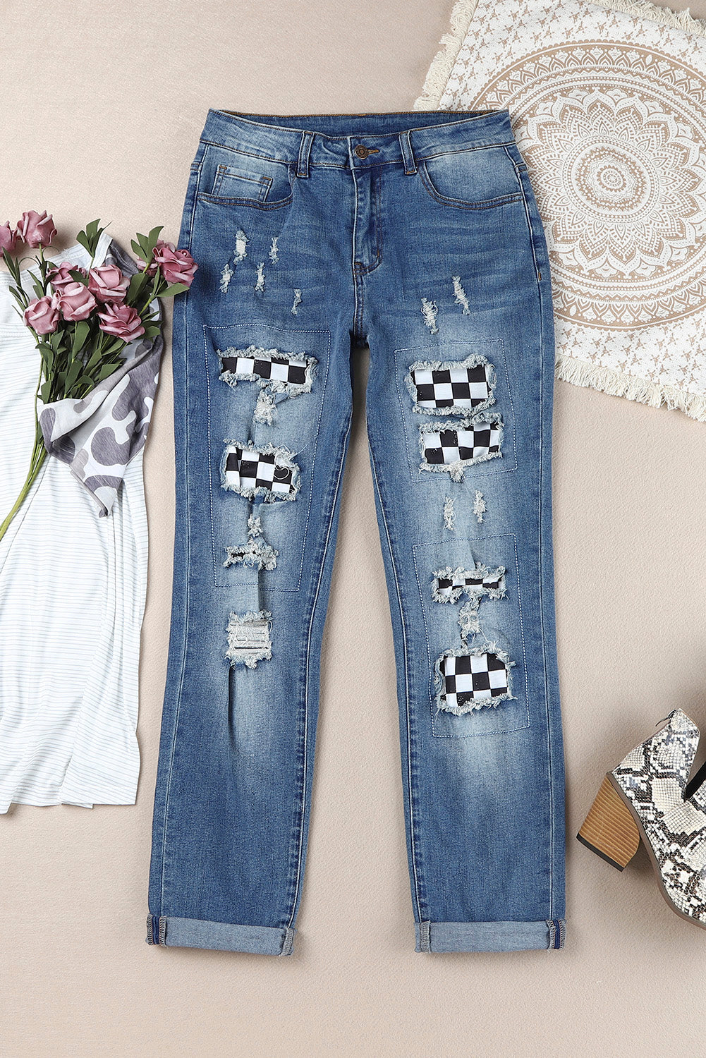 Checkered Patchwork Mid Waist Distressed Jeans - DromedarShop.com Online Boutique