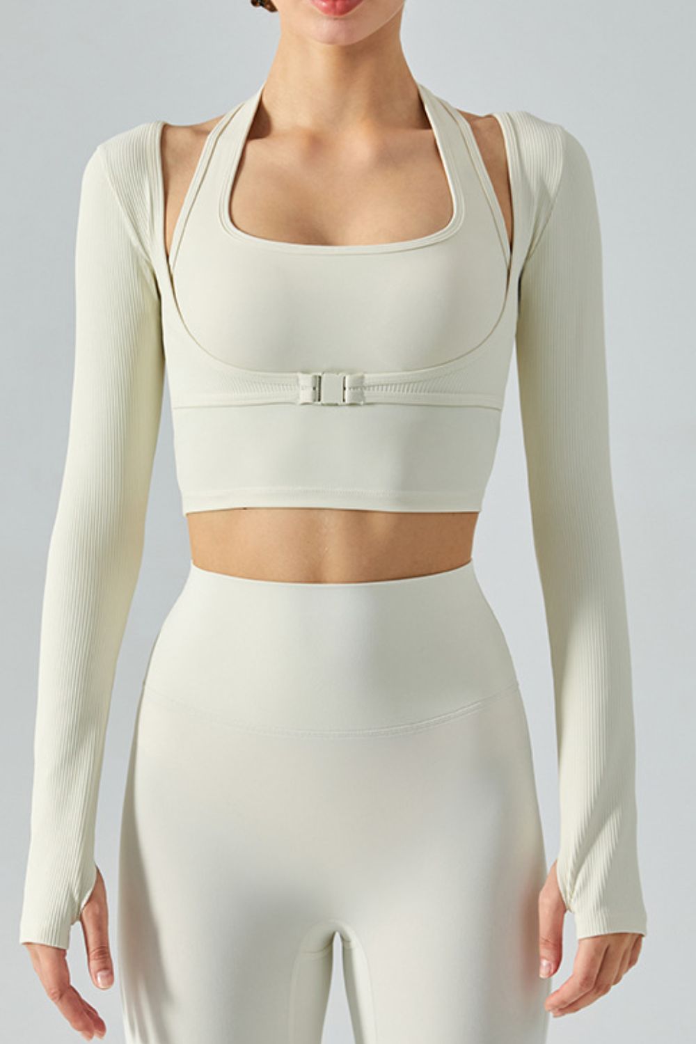 Ribbed Faux Layered Halter Neck Cropped Sports Top - DromedarShop.com Online Boutique
