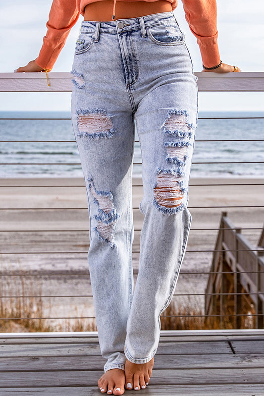 Distressed Straight Leg Jeans with Pockets - DromedarShop.com Online Boutique