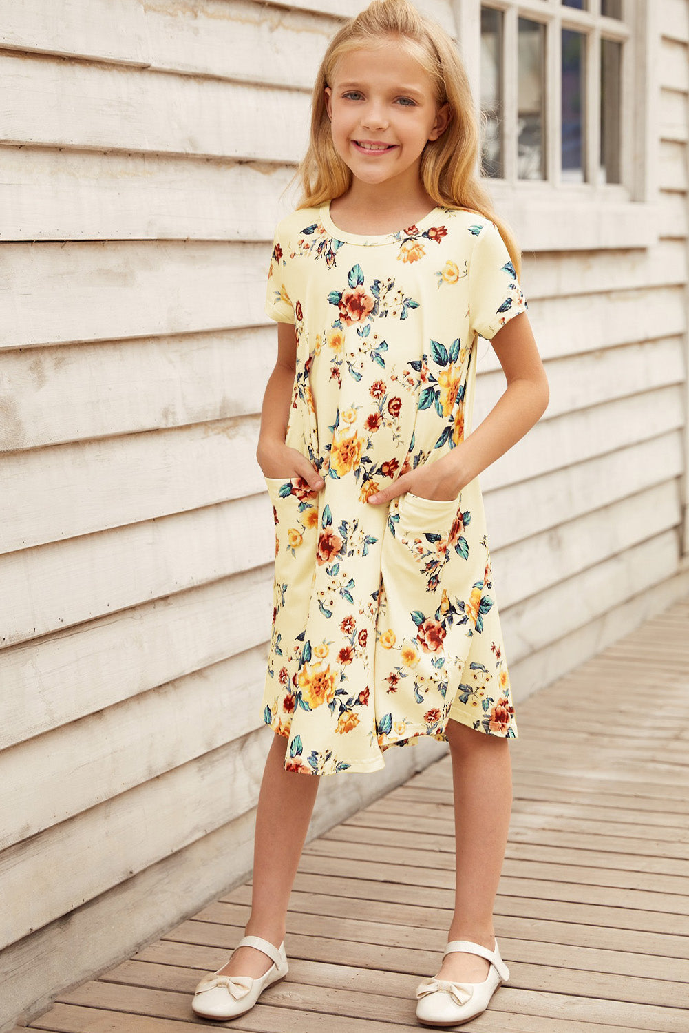Girls Floral Round Neck Short Sleeve Dress with Pockets - DromedarShop.com Online Boutique