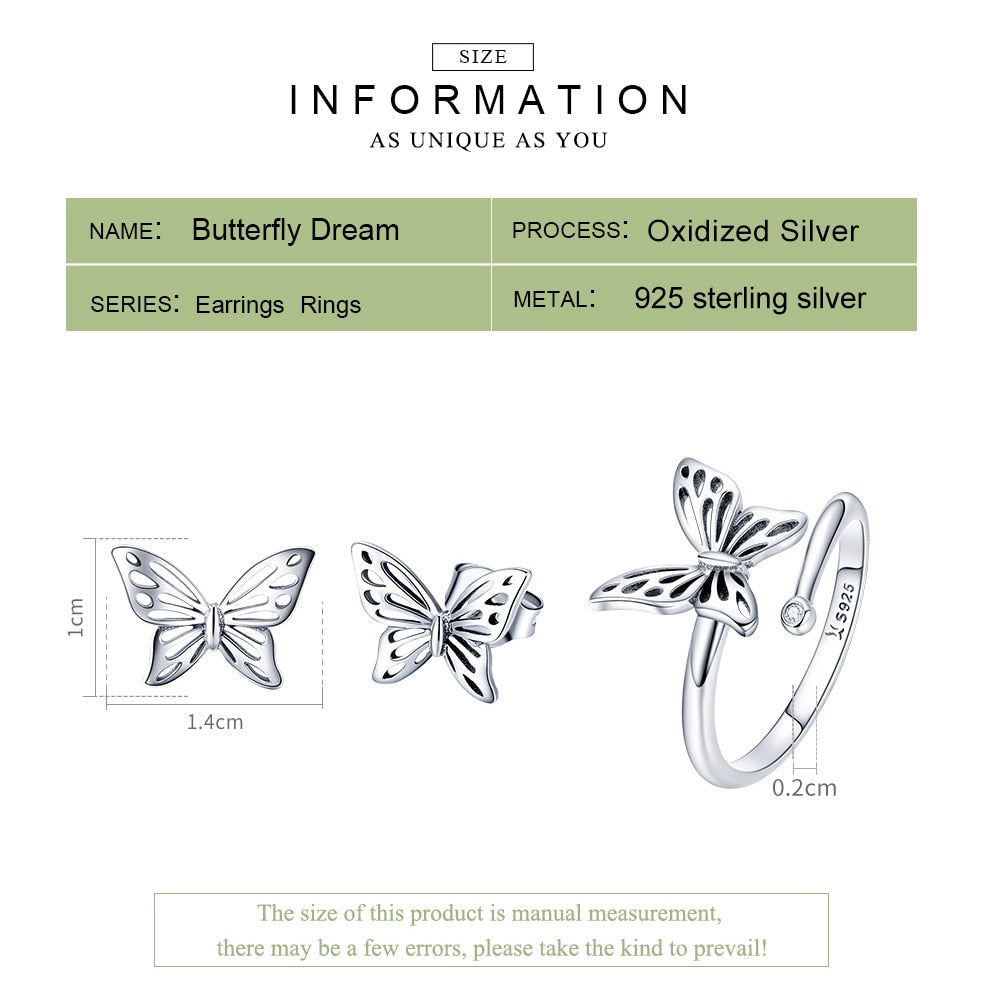 925 Sterling Silver Butterfly Rings & Earrings Jewelry Sets DromedarShop.com Online Boutique