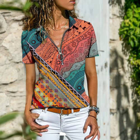 Women Bohemian Western Ethnic Style Zipper Top Short Sleeve T-Shirt - DromedarShop.com Online Boutique