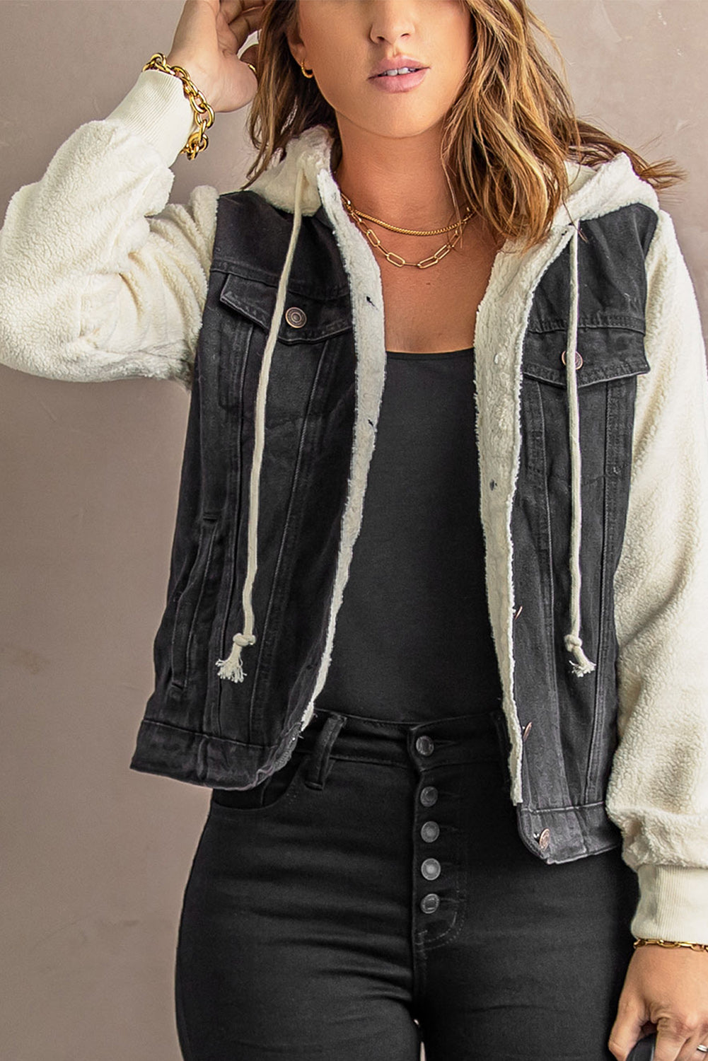 Two-Tone Spliced Denim Sherpa Hooded Jacket DromedarShop.com Online Boutique