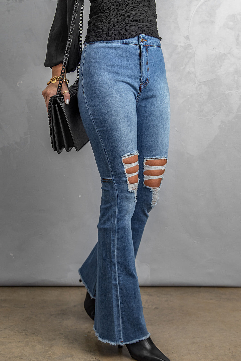 Distressed Raw Hem High-Waist Flare Jeans - DromedarShop.com Online Boutique
