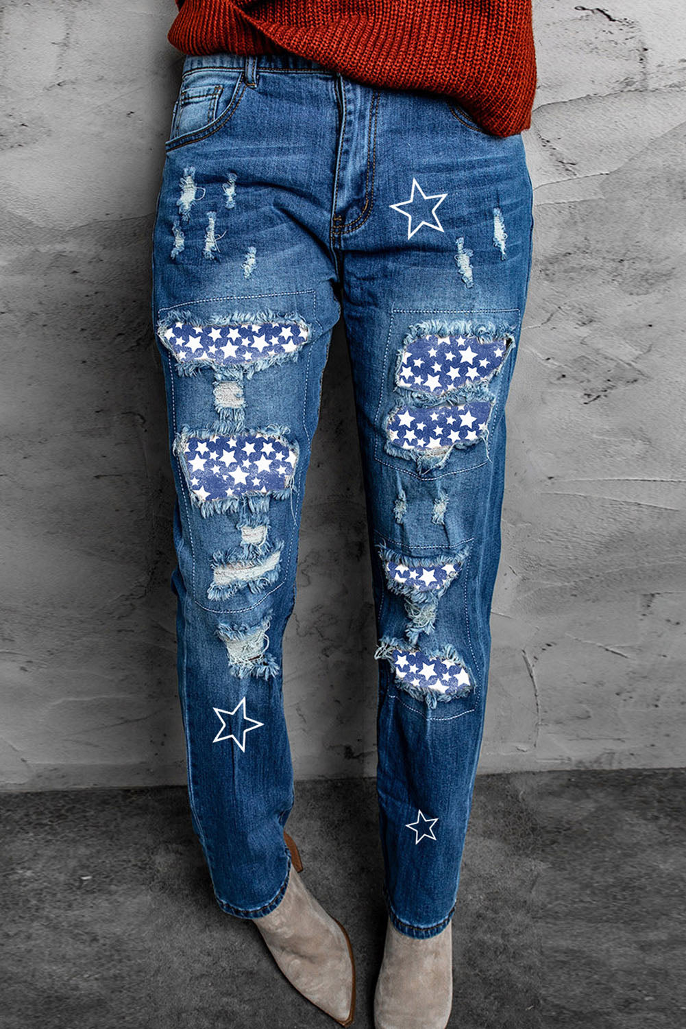 Printed Patch Distressed Boyfriend Jeans - DromedarShop.com Online Boutique