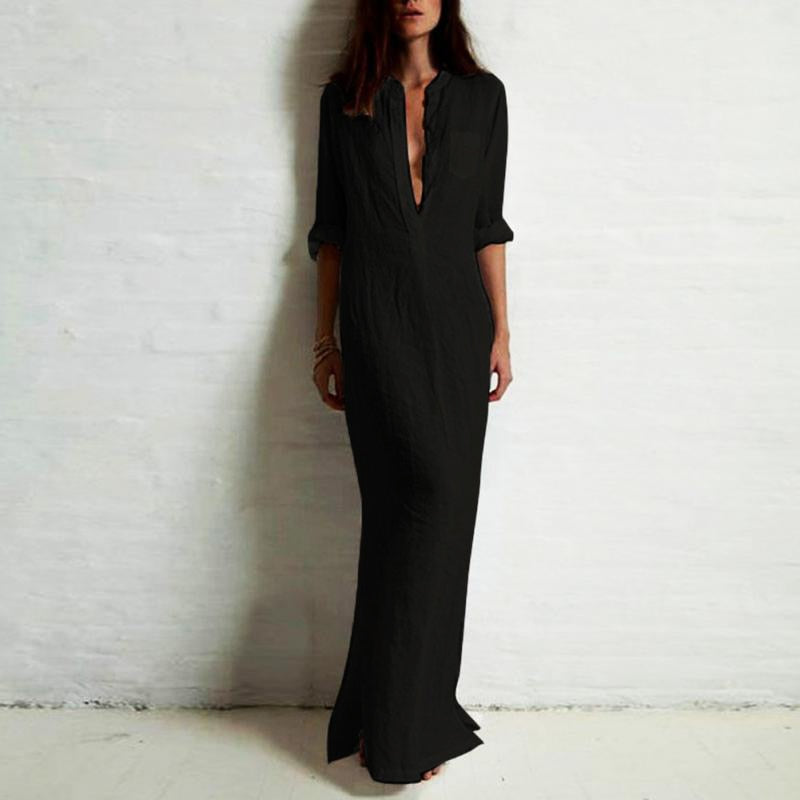 Women  Long Sleeve Deep V Neck Solid Maxi Dress DromedarShop.com Online Boutique
