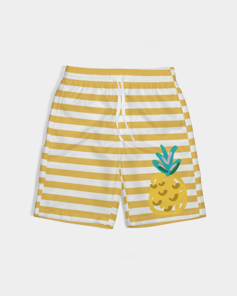 Yellow Stripes on White Boy's Swim Trunk DromedarShop.com Online Boutique