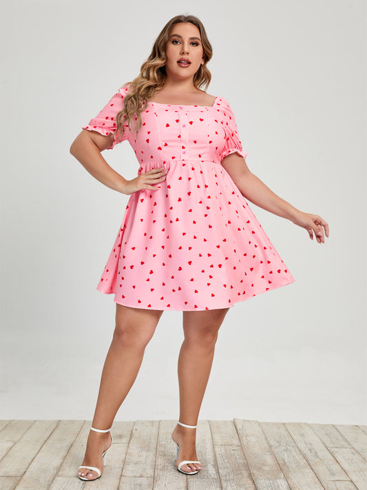 Pink Commuter Square Collar Plus Size Women's Love Printed Dress - DromedarShop.com Online Boutique