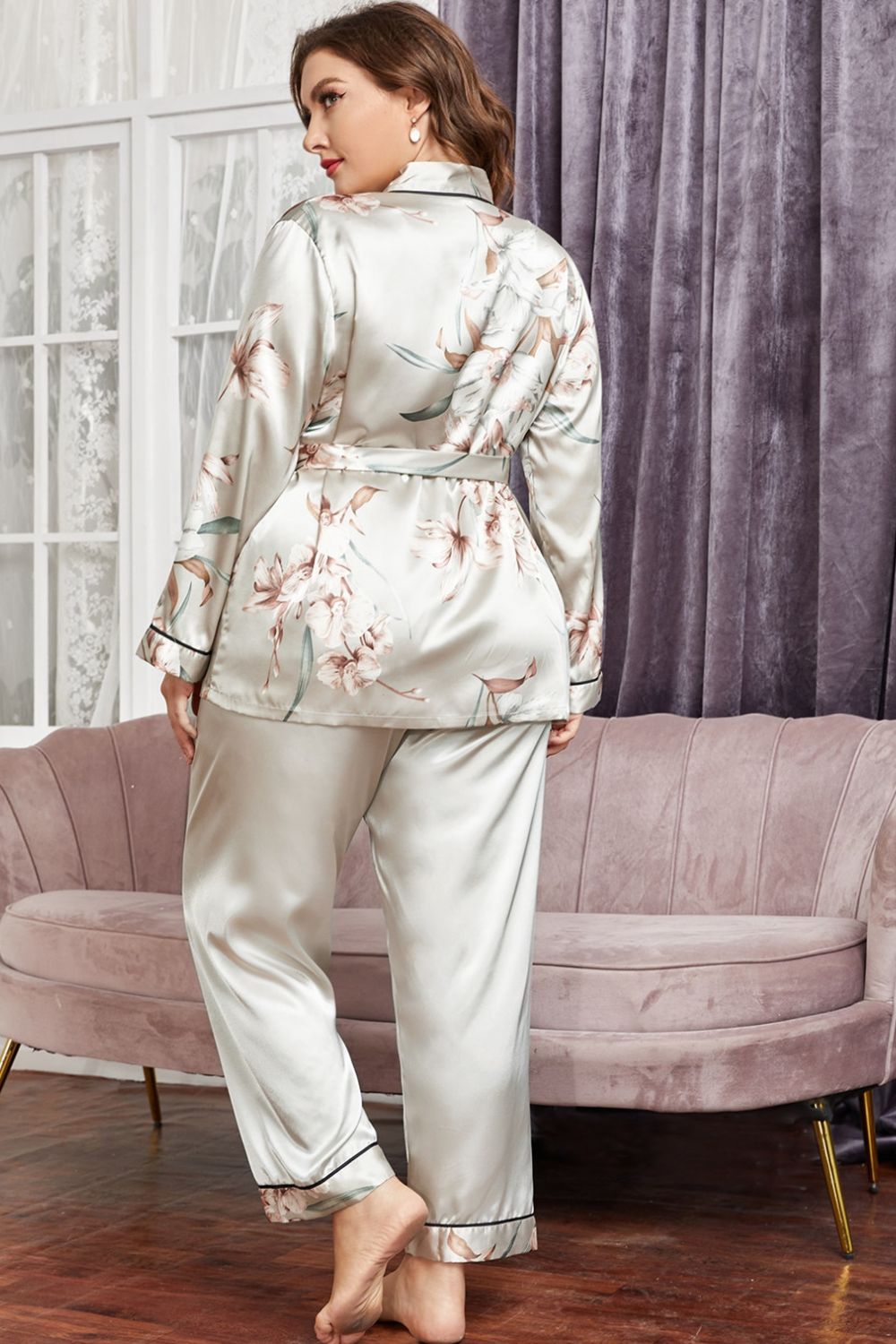 Plus Size Floral Belted Robe and Pants Pajama Set DromedarShop.com Online Boutique