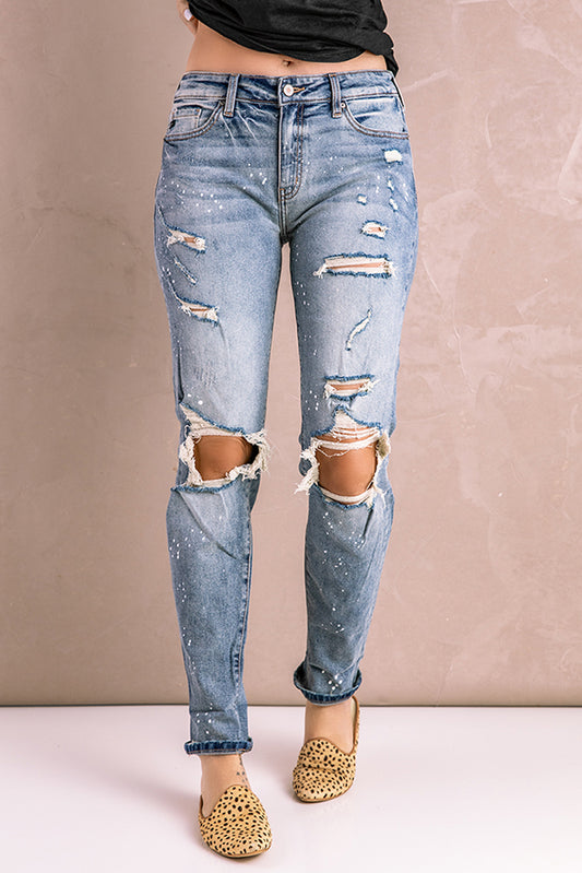 Splatter Distressed Acid Wash Jeans with Pockets - DromedarShop.com Online Boutique