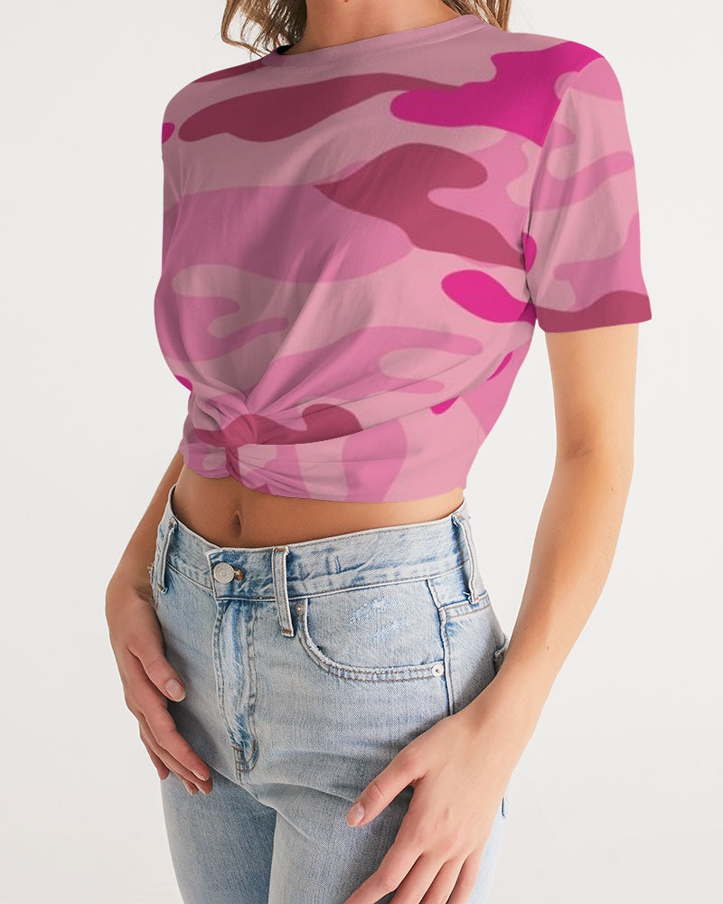 Pink  3 Color Camouflage Women's Twist-Front Cropped Tee DromedarShop.com Online Boutique