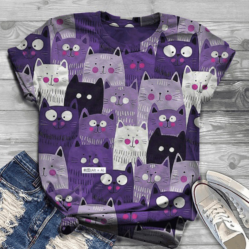 Women Cat Printed O-Neck T-Shirt DromedarShop.com Online Boutique