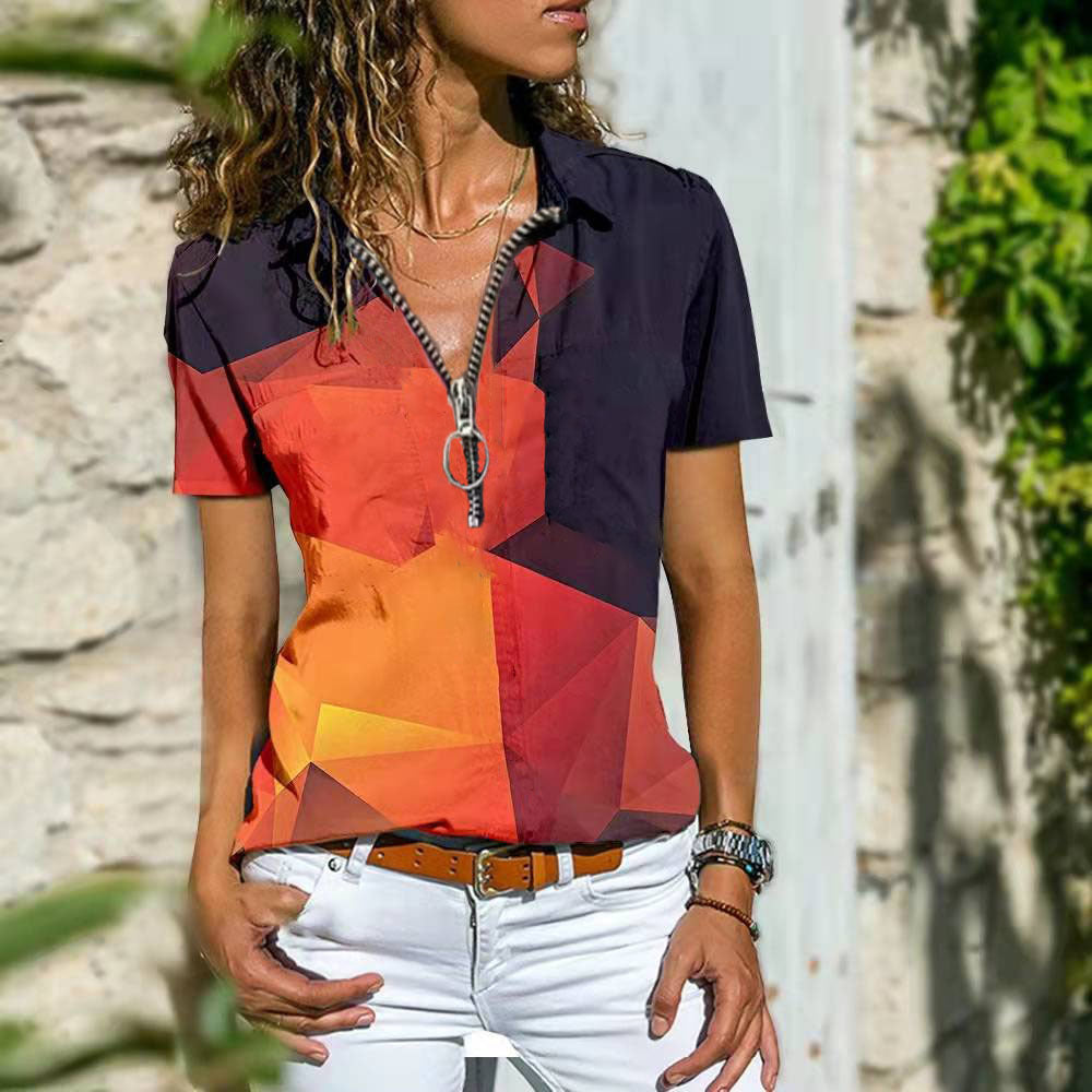Women Bohemian Western Ethnic Style Zipper Top Short Sleeved T-Shirt - DromedarShop.com Online Boutique