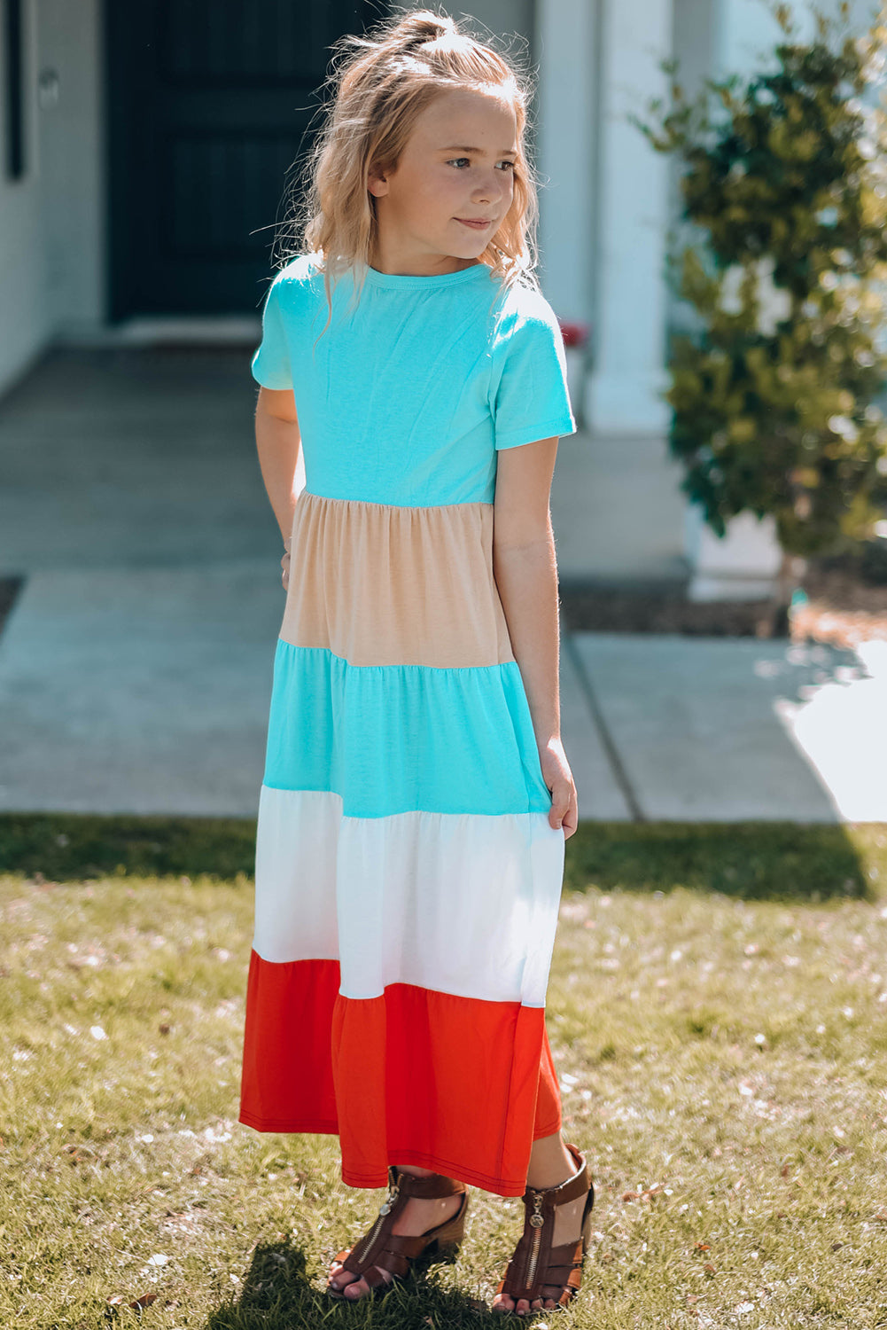Girls Color Block Round Neck Maxi Dress - DromedarShop.com Online Boutique