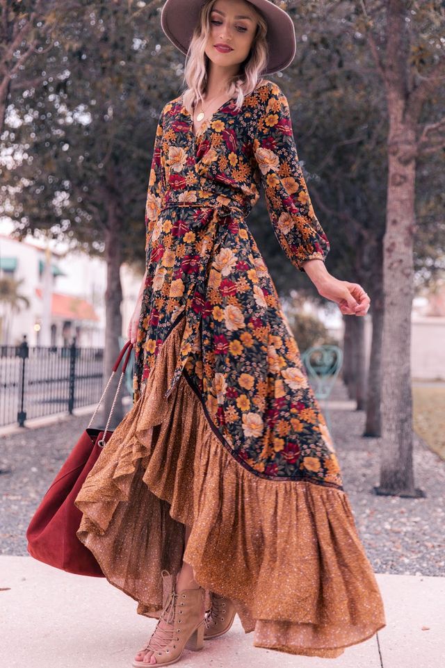 Women's Long Sleeve Printing Floral Vintage Maxi Dress DromedarShop.com Online Boutique