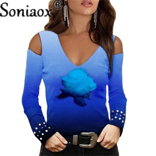 Fashion V-Neck Off-Shoulder Flower Print Top. DromedarShop.com Online Boutique