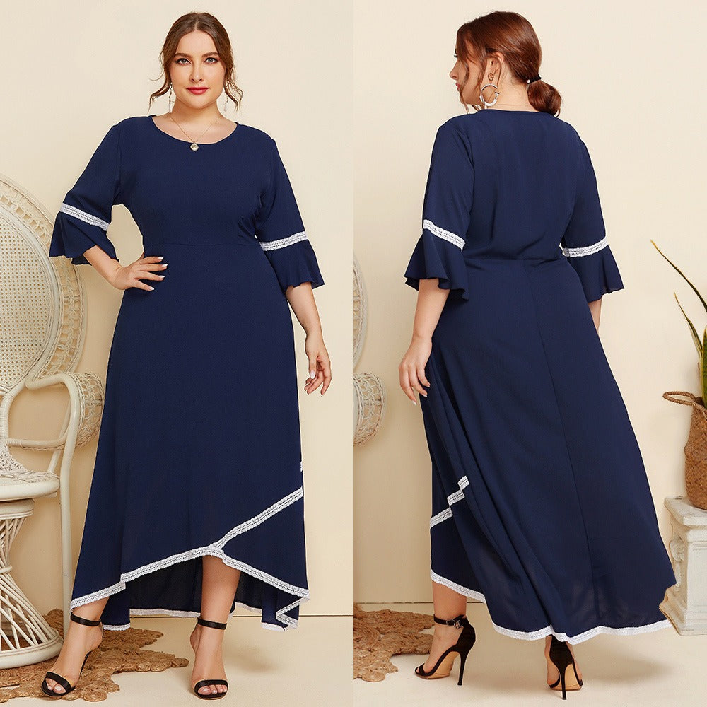 Plus Size Women Lace Splicing Round Neck Mid Sleeved Dress - DromedarShop.com Online Boutique