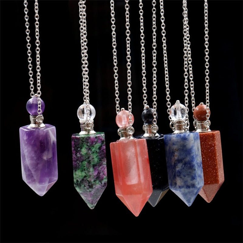 Natural Crystal Hexagonal Perfume Bottle Pendant Necklace DromedarShop.com Online Boutique