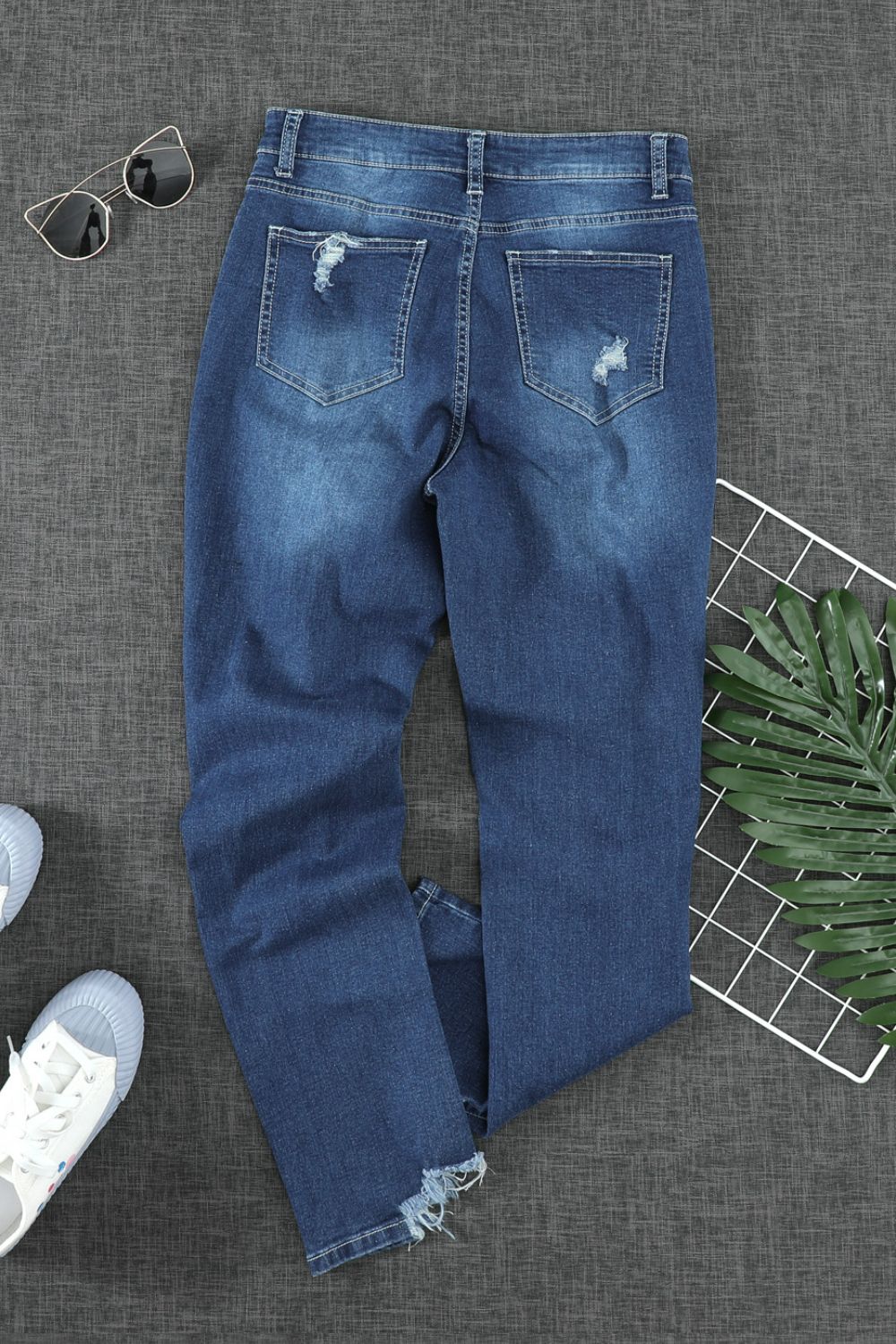 High-Rise Distressed Hem Detail Jeans - DromedarShop.com Online Boutique