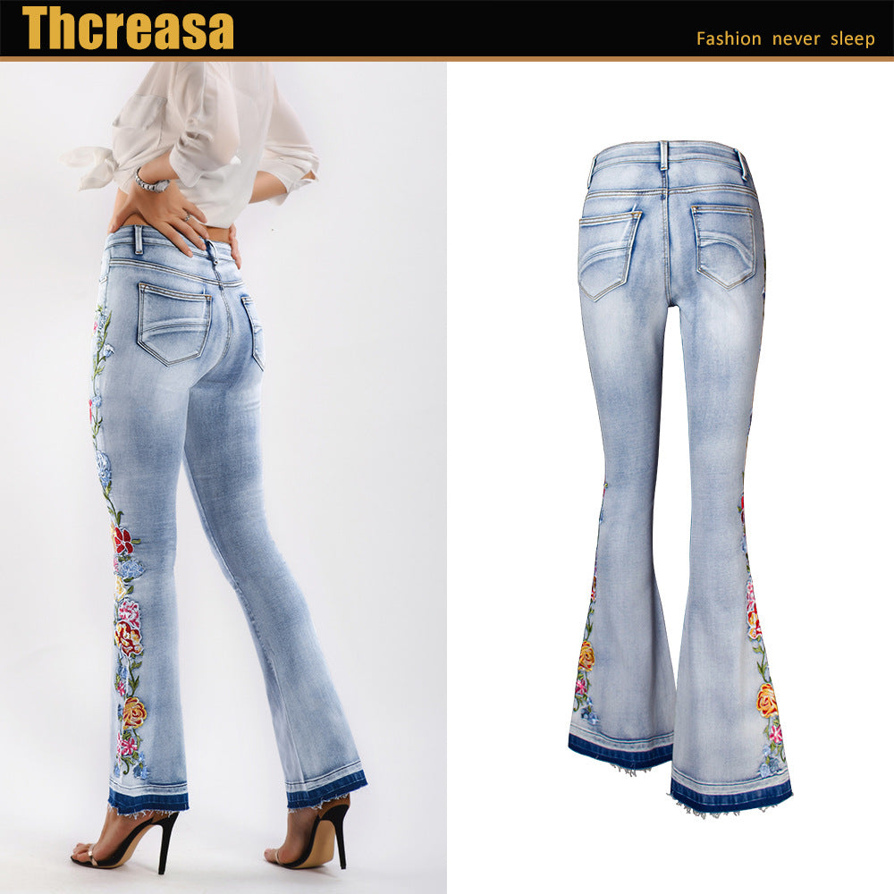 Women 3D Embroidery Jeans Trousers Flared Pants Large Size Women's Clothing - DromedarShop.com Online Boutique