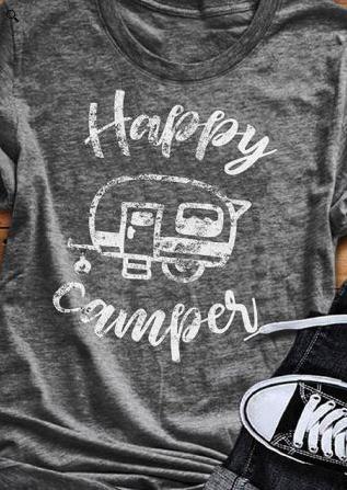 Women T Shirt Short Sleeve Happy Camping Bus Print DromedarShop.com Online Boutique
