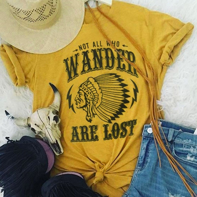 Women Short Sleeve Print Not All Who Wander Are Lost T- Shirt DromedarShop.com Online Boutique