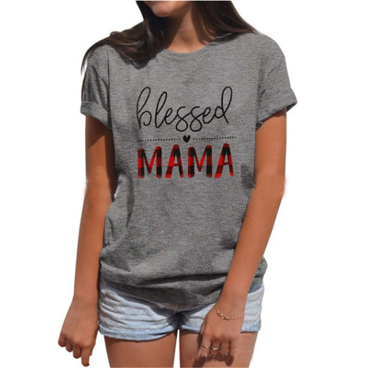 Women Blessed Mama Letter Print Gray T-Shirt DromedarShop.com Online Boutique