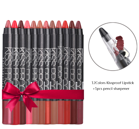 12 Color/Pack KISS PROOF  Waterproof Lipstick Pen,  Gift 1Pcs Pencil Sharpener DromedarShop.com Online Boutique