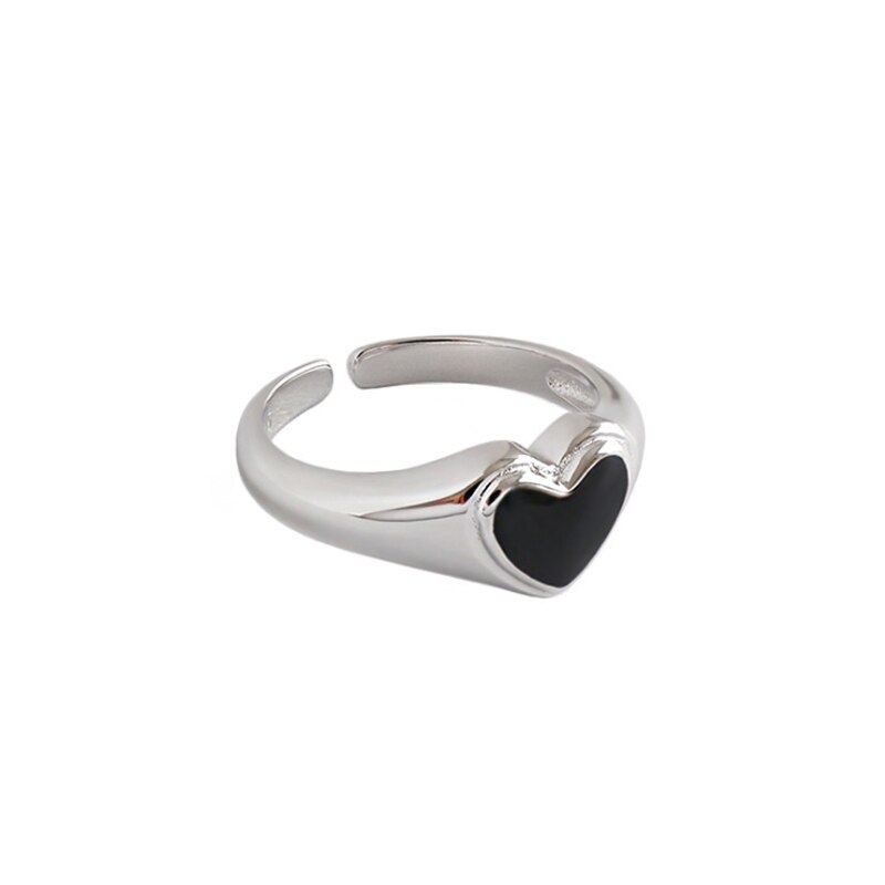 S925 Sterling Silver Black Heart Opening Women's Ring DromedarShop.com Online Boutique