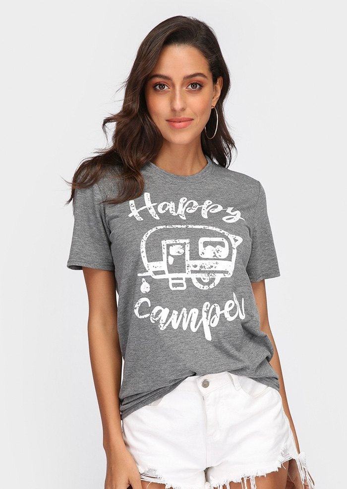 Women T Shirt Short Sleeve Happy Camping Bus Print DromedarShop.com Online Boutique