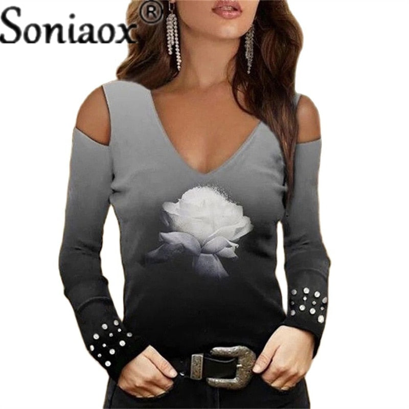 Fashion V-Neck Off-Shoulder Flower Print Top. DromedarShop.com Online Boutique
