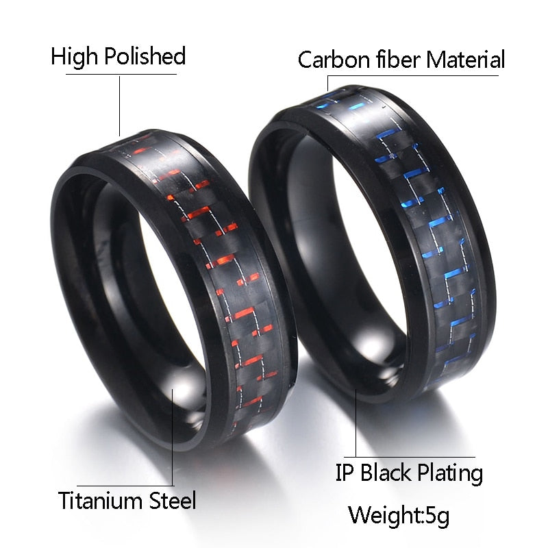 Titanium Steel Black Carbon Fiber Mens Cool Rings Fashion Red Blue Ring Anel Masculino Jewelry - DromedarShop.com Online Boutique