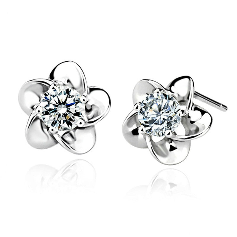 Flower, Dolphin, Daisy Silver Plated 925 Stud Earrings Clear Cubic Zirconia Crystal Earrings DromedarShop.com Online Boutique
