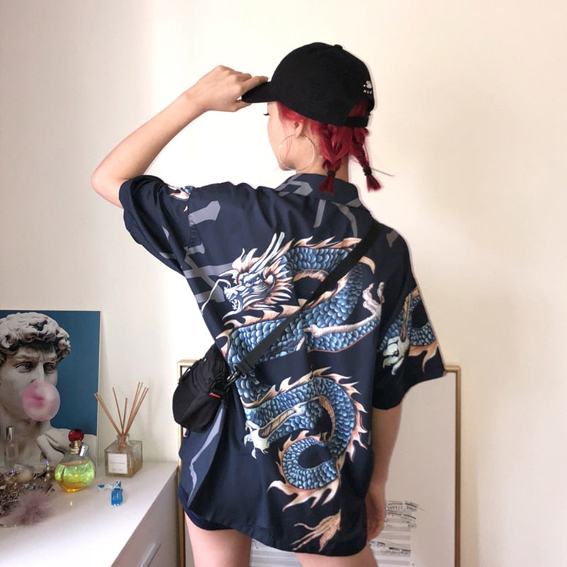 Women Dragon Printing Short Sleeve Blouse DromedarShop.com Online Boutique