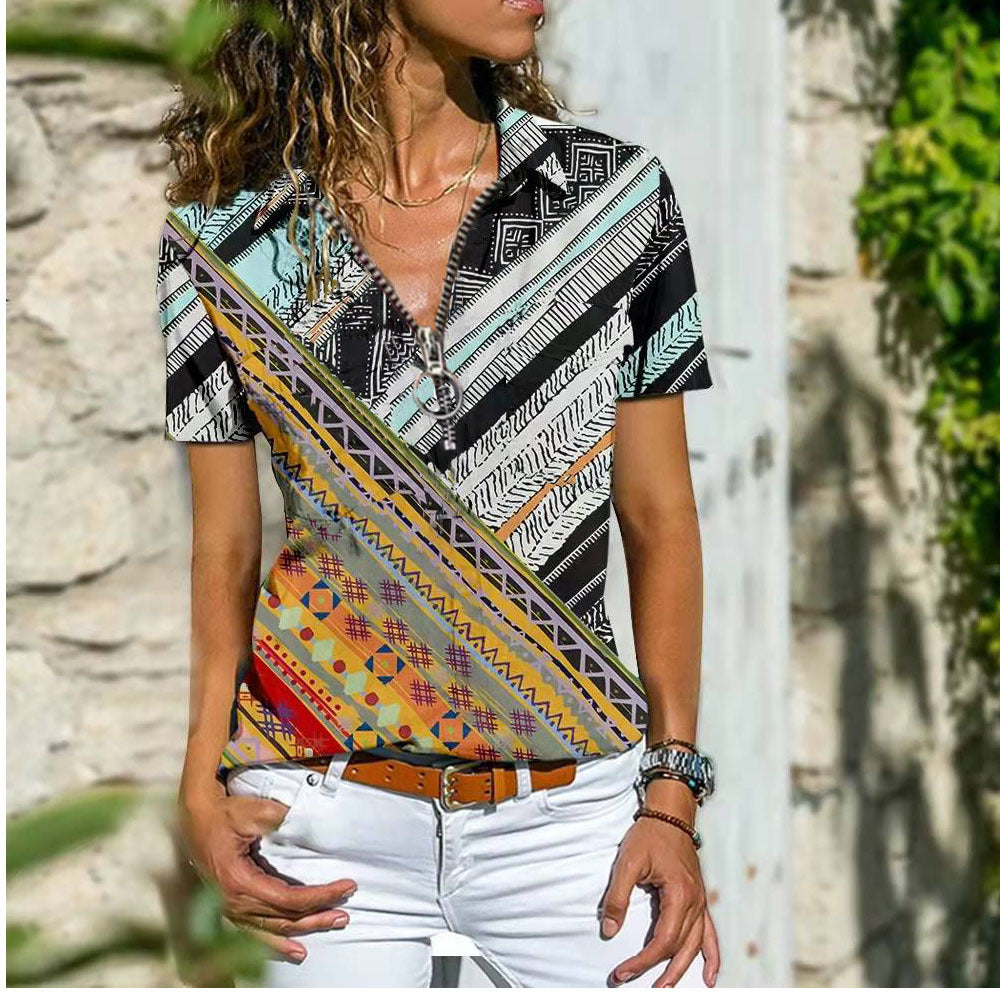 Women Bohemian Western Ethnic Style Zipper Top Short Sleeve T-Shirt - DromedarShop.com Online Boutique