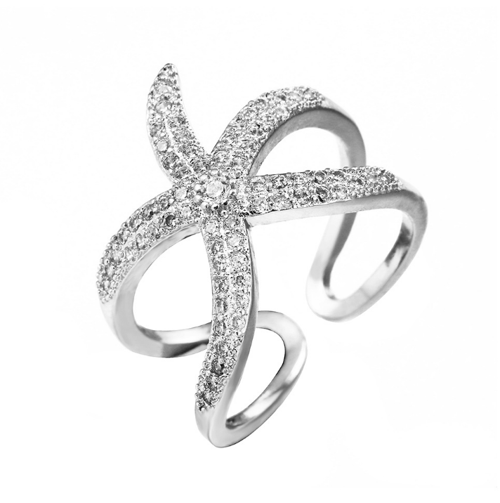 S90 Silver Big Starfish Paved Shiny White Crystals Ring DromedarShop.com Online Boutique