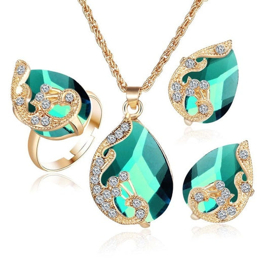 Crystal Peacock Jewelry Necklace Earring Ring Sets DromedarShop.com Online Boutique