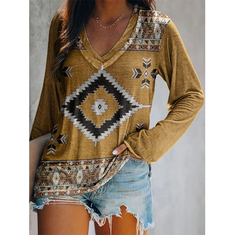 Women Ethnic Style Printing Long Sleeved V- Neck T-Shirt - DromedarShop.com Online Boutique
