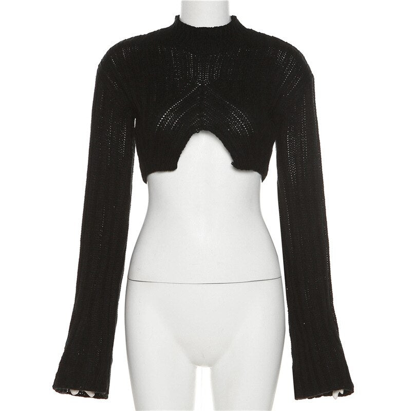 Women Crop Top Long Sleeve Knit Sweater - DromedarShop.com Online Boutique