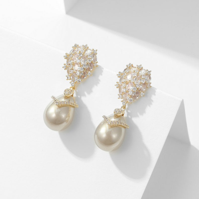 925 Silver Needle Zircon Inlaid French Port Style Water Drop Shaped Pearl Earrings DromedarShop.com Online Boutique