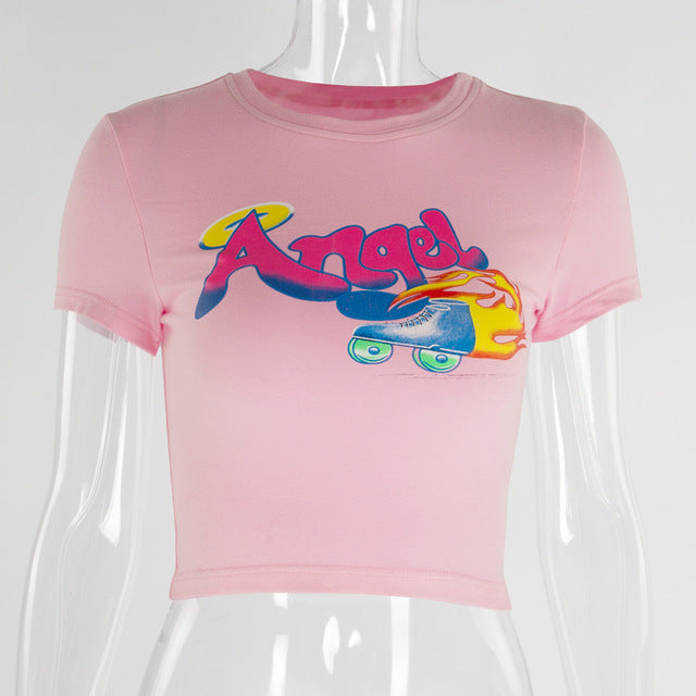 Pink Crop Tops Summer Short Sleeve O Neck Skinny T- Shirt DromedarShop.com Online Boutique