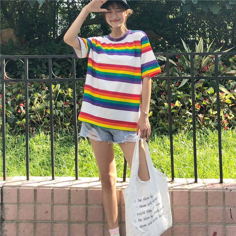 Streetwear Multicolor Stripes Women T-Shirt DromedarShop.com Online Boutique