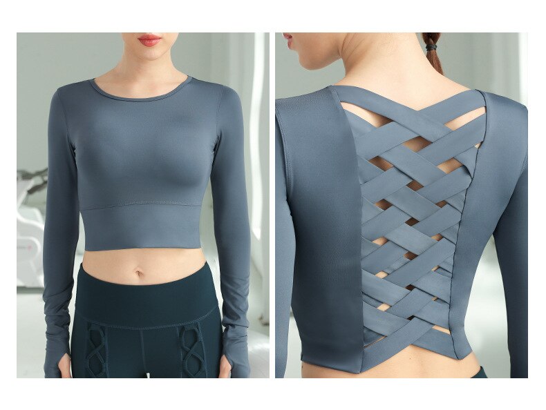 Long Sleeve Sports Shirts For Women Back Crosss Tights Yoga Tops DromedarShop.com Online Boutique