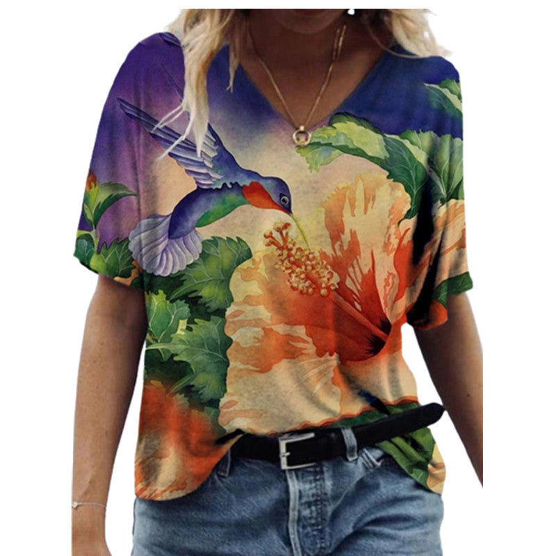 Summer Floral Print Short Sleeve V Neck Women's Loose T-Shirt - DromedarShop.com Online Boutique