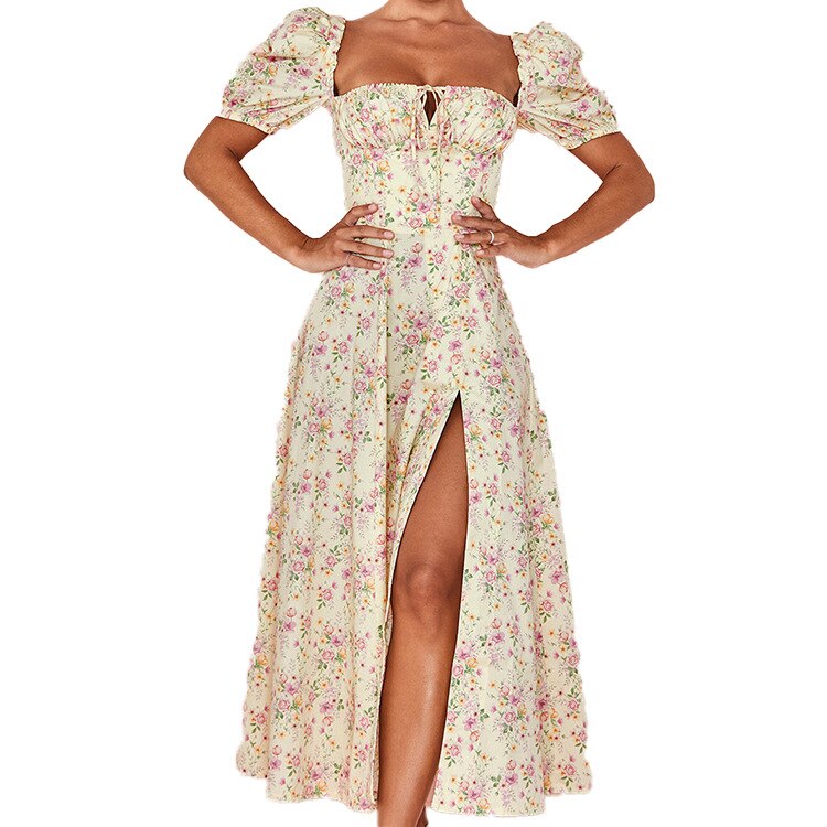 Floral Print Puff Short Sleeve Women's Dress - DromedarShop.com Online Boutique