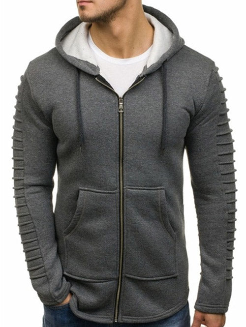 Solid Sleeve Pleated Pocket Full Zipper Fleece Hoodie - DromedarShop.com Online Boutique
