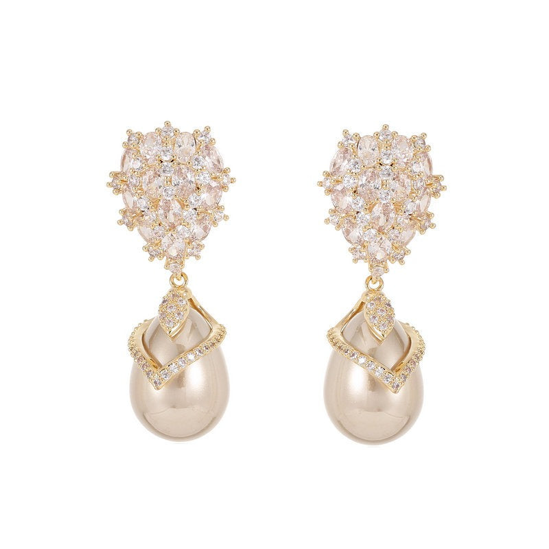 925 Silver Needle Zircon Inlaid French Port Style Water Drop Shaped Pearl Earrings DromedarShop.com Online Boutique