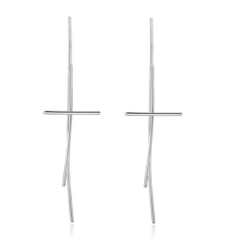 Dangle Drop Cross 925 Sterling Silver Earrings Long Elegant XFE8137 - DromedarShop.com Online Boutique