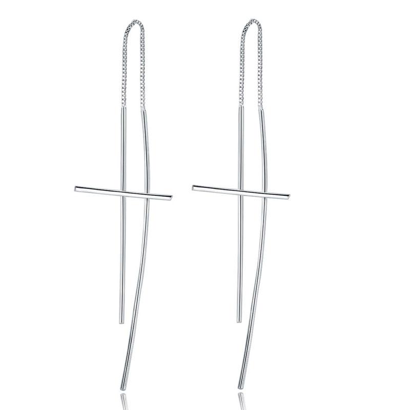 Dangle Drop Cross 925 Sterling Silver Earrings Long Elegant XFE8137 - DromedarShop.com Online Boutique